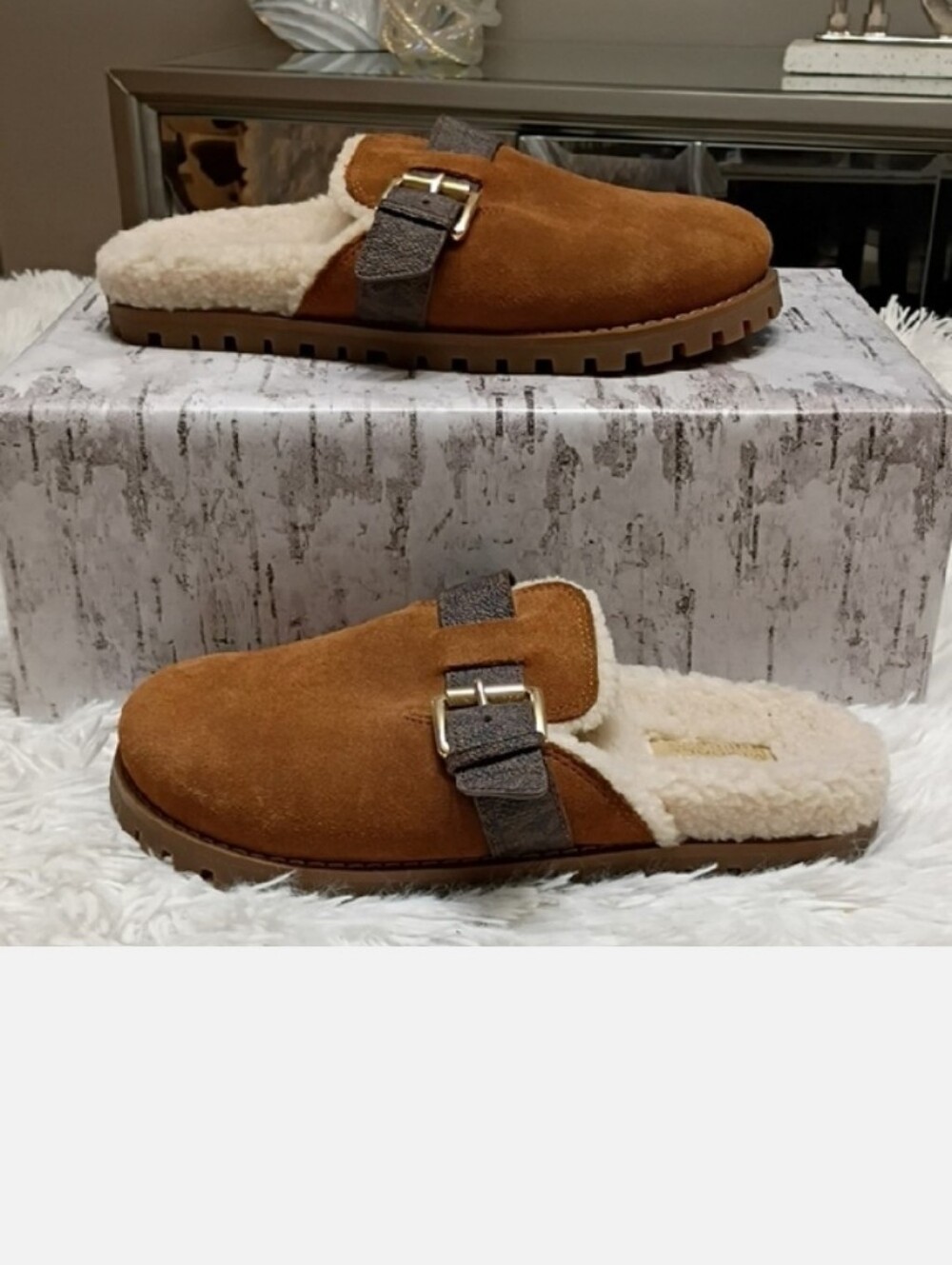 New Michael Kors Judd Brown Suede Mules Shearling Lined Lug Soles Size 7 - Picture 1 of 15